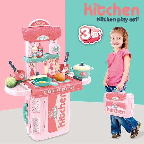 New Pretend Kitchen Play Set 3-in-1 Suitcase with Toy Pots Pans Dishes For 3+ - Picture 2 of 14